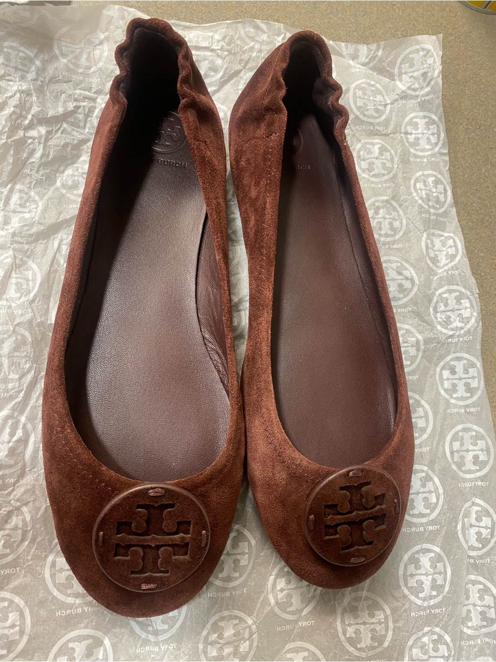 Tory Burch Chocolate Brown Suede Logo Ballet Flats